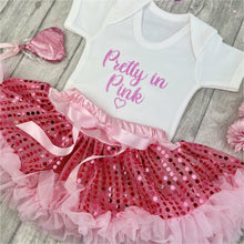 Load image into Gallery viewer, Pretty in Pink White Romper with Pink Sequin Tutu Skirt Set, With Pink Glitter and Heart Design
