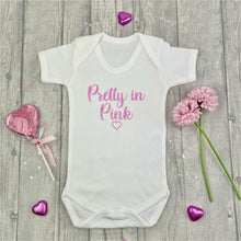 Load image into Gallery viewer, &#39;Pretty in Pink&#39; Short Sleeve Romper, With Pink Glitter Text and Heart Design

