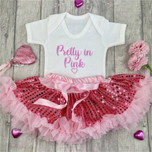 Load image into Gallery viewer, Pretty in Pink White Romper with Pink Sequin Tutu Skirt Set, With Pink Glitter and Heart Design
