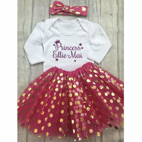 Personalised Princess outfit with hot pink polka dot skirt and matching headband - Little Secrets Clothing
