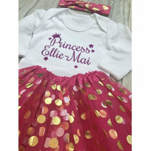 Load image into Gallery viewer, Personalised Princess outfit with hot pink polka dot skirt and matching headband - Little Secrets Clothing
