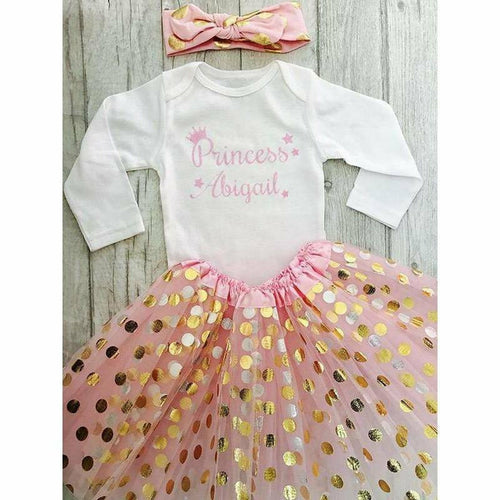 Personalised Princess outfit with pink polka dot skirt and matching headband - Little Secrets Clothing