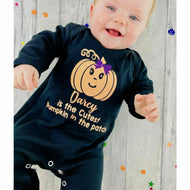 Personalised Cutest Pumpkin in the patch Halloween Black Sleepsuit, With Matching Flower Headband - Little Secrets Clothing