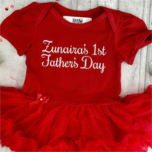 Load image into Gallery viewer, Personalised &#39;1st Father&#39;s Day&#39; Baby Girl Tutu Romper With Matching Bow Headband

