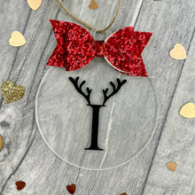 Load image into Gallery viewer, Personalised Initial &amp; Reindeer Antlers Christmas Bauble with Glitter Bow, Flat Christmas Decoration
