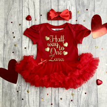 Load image into Gallery viewer, &#39;Half Way To One&#39; Baby Girl Birthday Tutu Romper With Matching Bow Headband, Gold Glitter design
