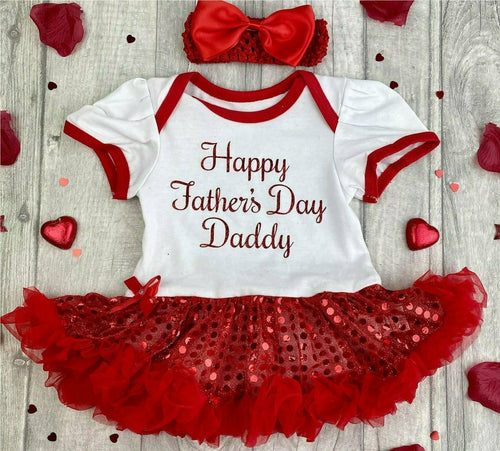 Baby Girl Father's Day Baby Girl Tutu Romper With Matching Bow Headband, Red Glitter Design