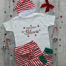 Load image into Gallery viewer, Personalised Believes Children&#39;s White Christmas T-shirt Set with Pants and Hat - Little Secrets Clothing
