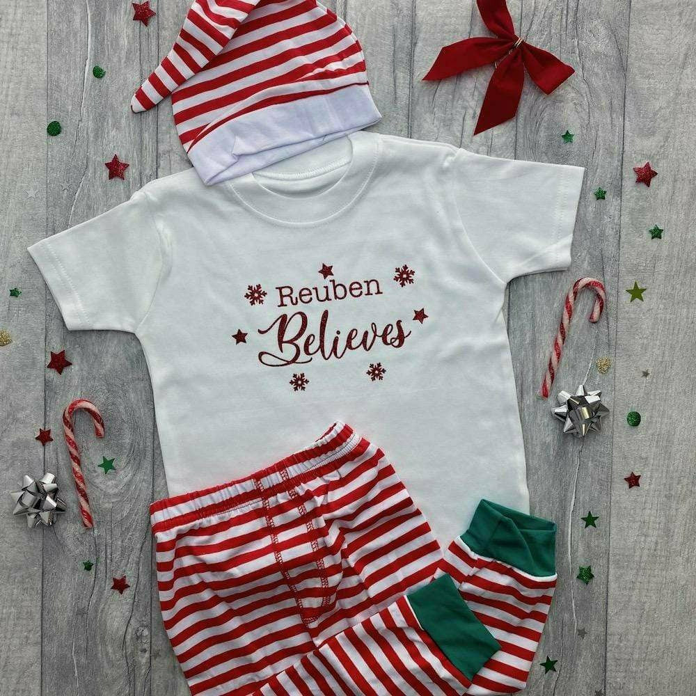 Personalised Believes Children's White Christmas T-shirt Set with Pants and Hat - Little Secrets Clothing