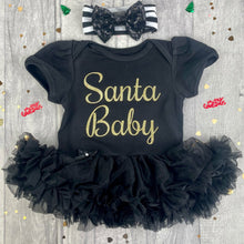 Load image into Gallery viewer, Santa Baby Christmas Baby Girl Black Tutu Romper With Black Sequin Bow Headband - Little Secrets Clothing
