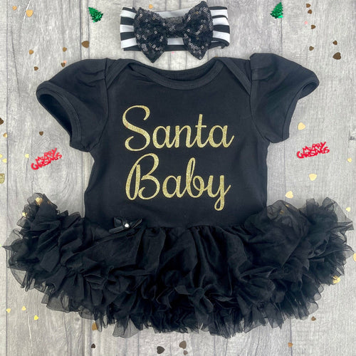 Santa Baby Christmas Baby Girl Black Tutu Romper With Black Sequin Bow Headband - Little Secrets Clothing