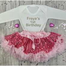Load image into Gallery viewer, Girls 1st Birthday Sequin Outfit, Personalised White Romper &amp; Pink Sequin Tutu Skirt satin ribbon with gold design
