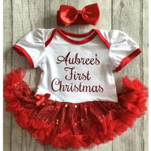 Load image into Gallery viewer, &#39;First Christmas&#39; Personalised Baby Girl Sequin Tutu Romper With Matching Bow Headband
