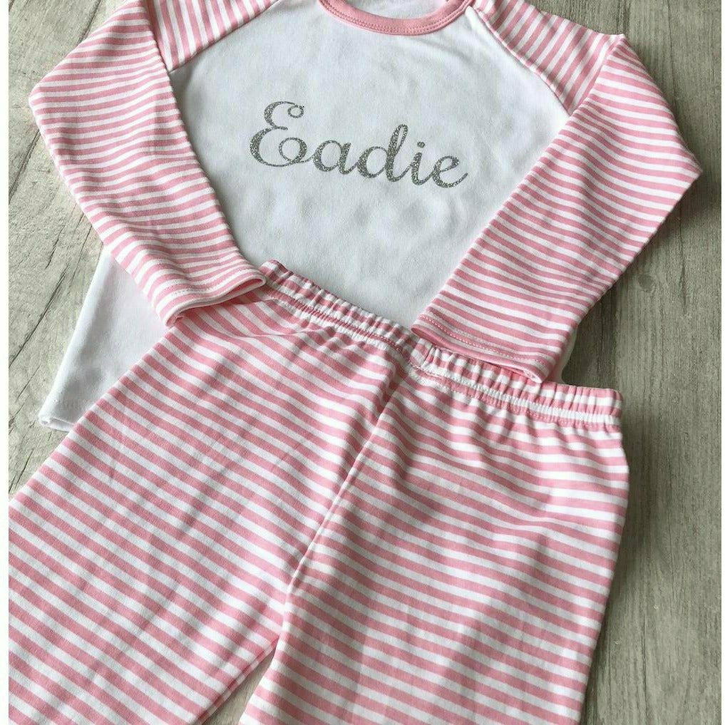 Personalised Pink and White Girls Pyjamas With Silver Glitter Text
