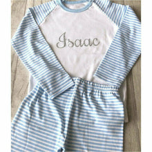 Load image into Gallery viewer, Personalised blue and white boys Pyjamas with silver glitter text
