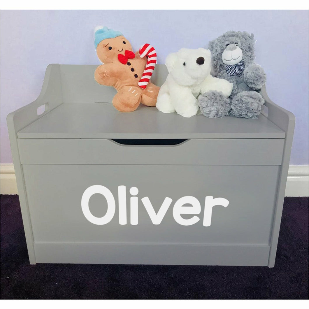 Personalised Baby Girl or Boy Rounded Text Design Grey Toddler Wooden Toy Storage Box