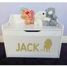 Load image into Gallery viewer, Personalised Baby Girl or Boy Lion Design White Toddler Wooden Toy Storage Box
