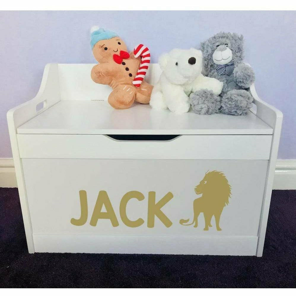 Personalised Baby Girl or Boy Lion Design White Toddler Wooden Toy Storage Box