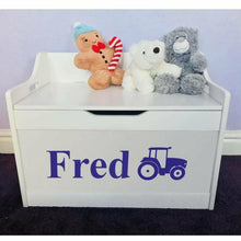 Load image into Gallery viewer, Personalised Baby Girl or Boy Tractor Design White Toddler Wooden Toy Storage Box
