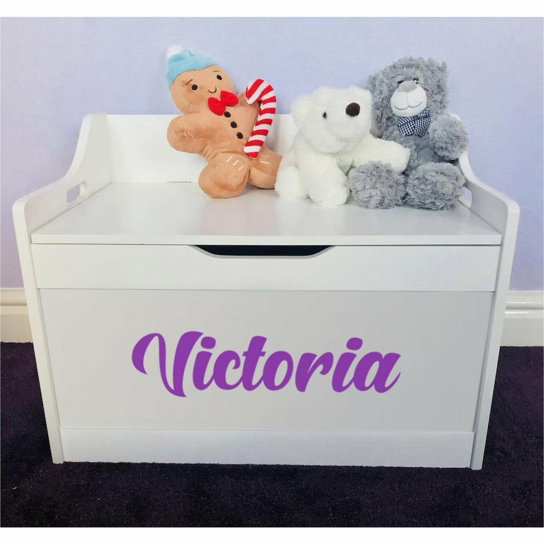 Personalised Baby Girl or Boy Curvy Text Design White Toddler Wooden Toy Storage Box