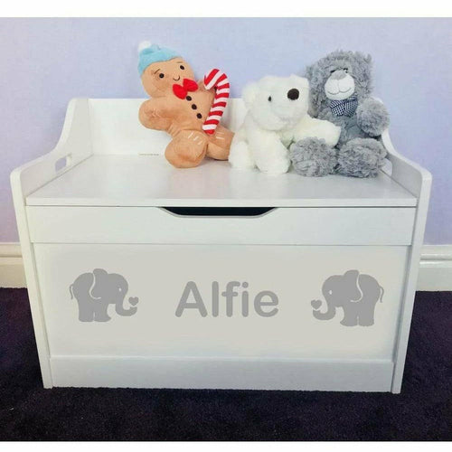 Personalised Baby Girl or Boy Elephant Design White Toddler Wooden Toy Storage Box