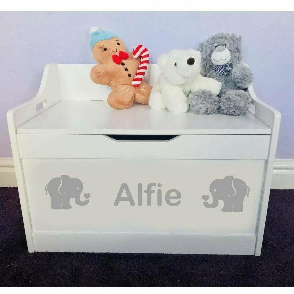 Personalised Baby Girl or Boy Elephant Design White Toddler Wooden Toy Storage Box