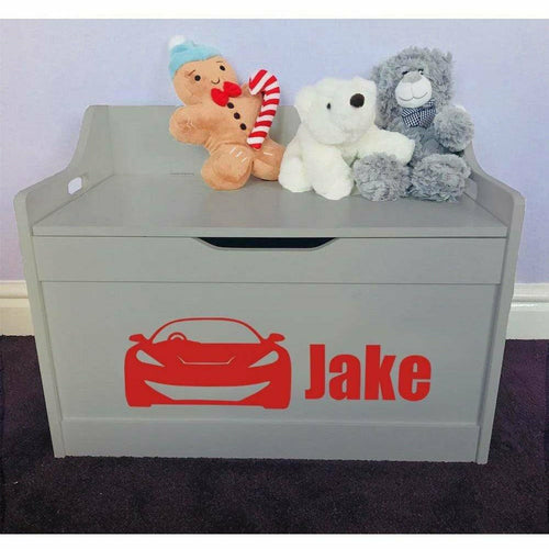Personalised Baby Girl or Boy Car Design Grey Toddler Wooden Toy Storage Box