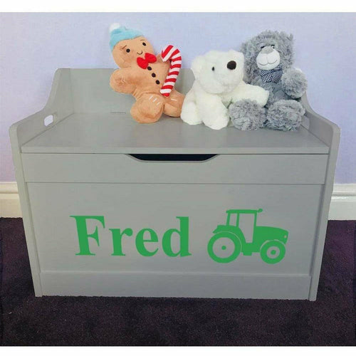Personalised Baby Girl or Boy Tractor Design Grey Toddler Wooden Toy Storage Box