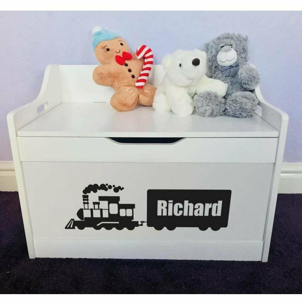 Personalised Baby Girl or Boy Train Design White Toddler Wooden Toy Storage Box - Little Secrets Clothing