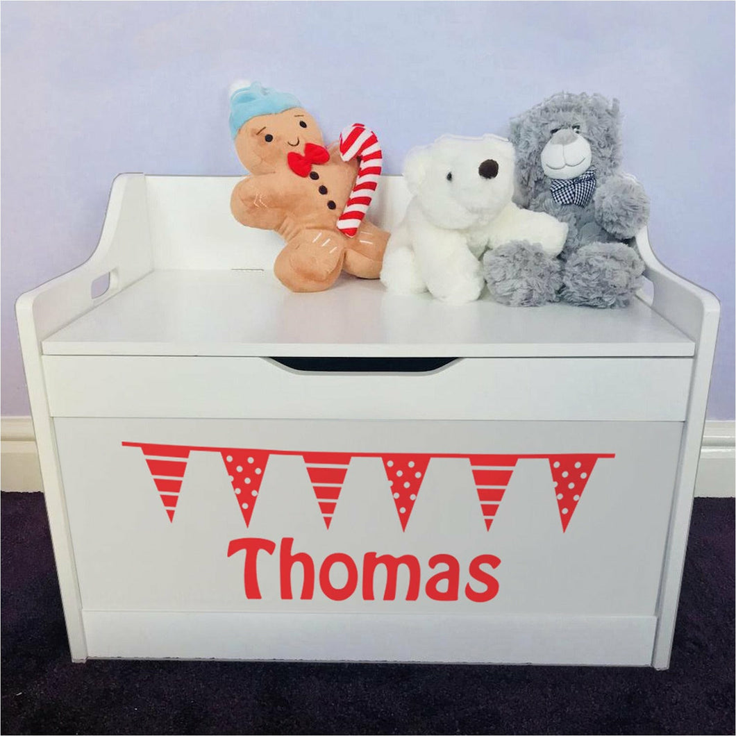 Personalised Baby Girl or Boy Bunting Design White Toddler Wooden Toy Storage Box