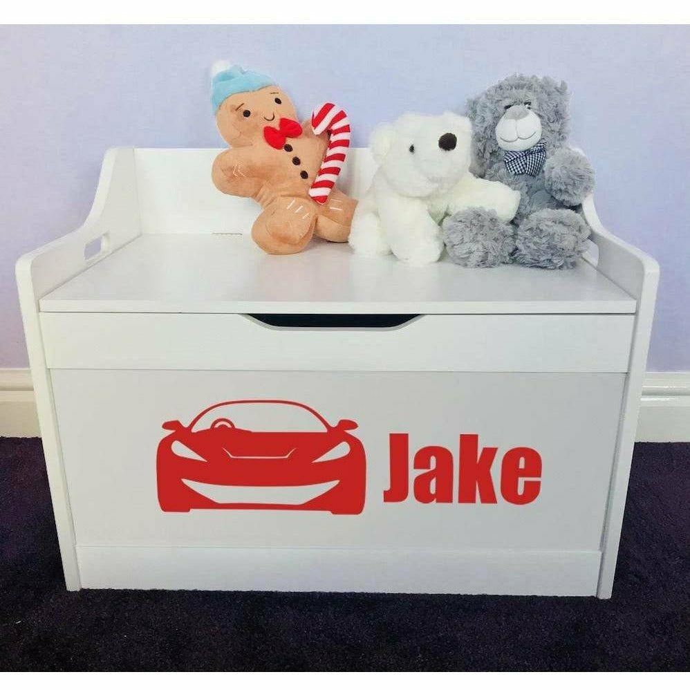 Personalised Baby Girl or Boy Car Design White Toddler Wooden Toy Storage Box