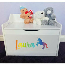 Load image into Gallery viewer, Personalised Baby Girl or Boy Multicoloured Unicorn Design White Toddler Wooden Toy Storage Box
