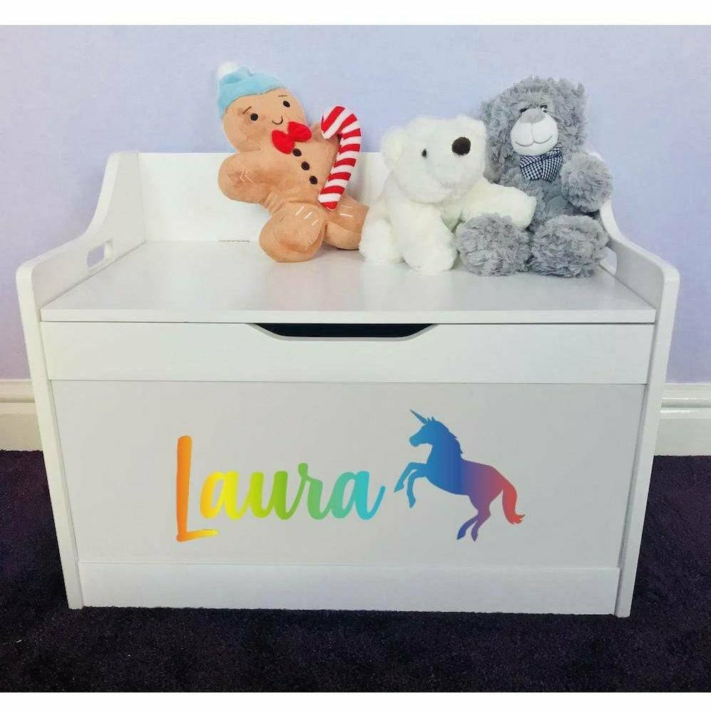 Personalised Baby Girl or Boy Multicoloured Unicorn Design White Toddler Wooden Toy Storage Box