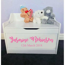 Load image into Gallery viewer, Personalised Birthday Baby Girl or Boy white toddler wooden Toy Storage Box
