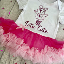 Load image into Gallery viewer, &#39;Tutu Cute&#39; Baby Girl Tutu Romper With Matching Bow Headband, With Dark Pink Glitter Design, Cartoon Ballerina Design 
