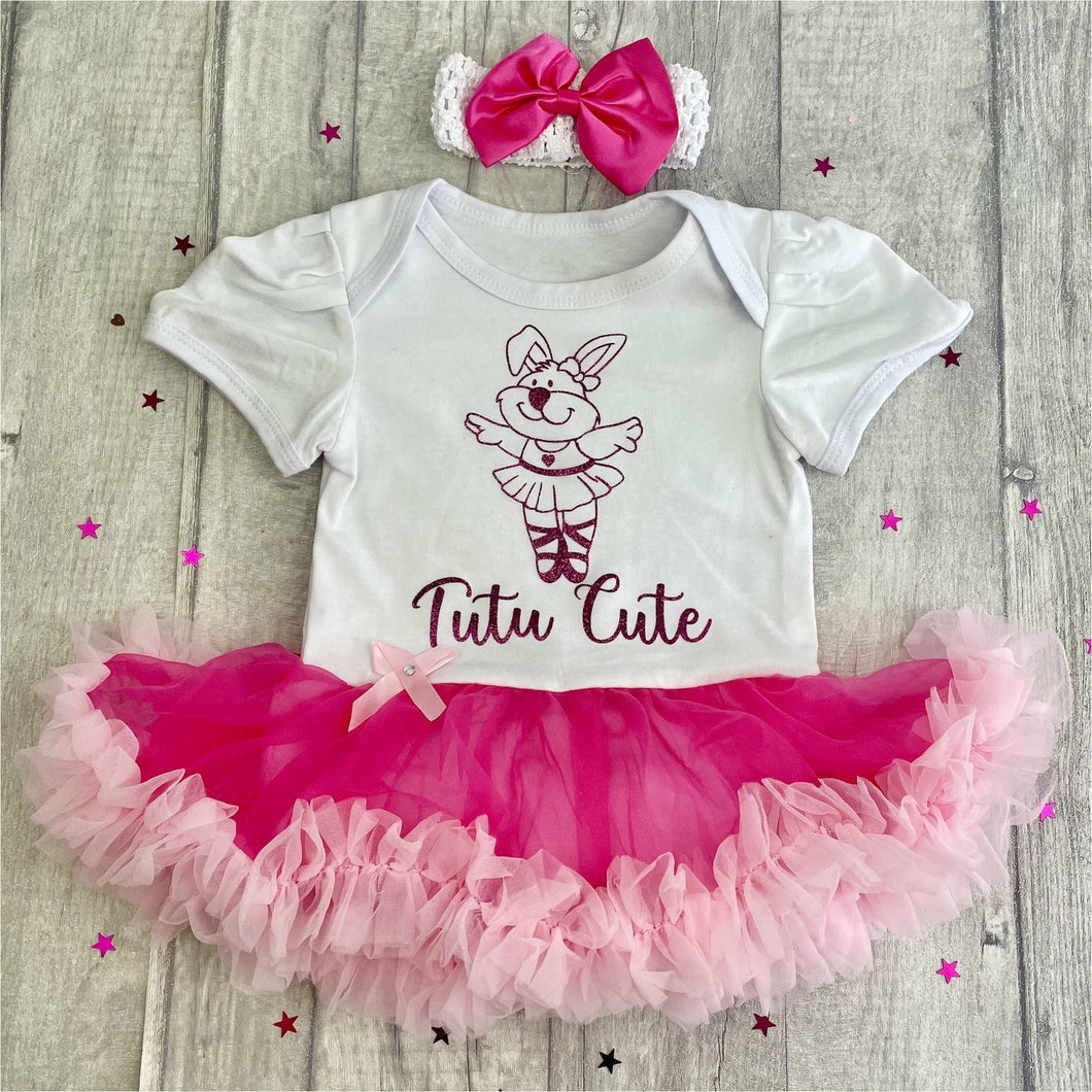 'Tutu Cute' Baby Girl Tutu Romper With Matching Bow Headband, With Dark Pink Glitter Design, Cartoon Ballerina Design 
