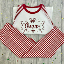 Load image into Gallery viewer, Personalised Red &amp; White Stripe Christmas Pyjamas, Red Glitter Design
