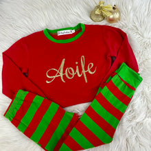 Load image into Gallery viewer, Personalised Red and Green Little Girls &amp; Boys Christmas Pyjamas with Gold glitter Name
