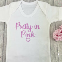 Load image into Gallery viewer, &#39;Pretty in Pink&#39; Short Sleeve Romper, With Pink Glitter Text and Heart Design
