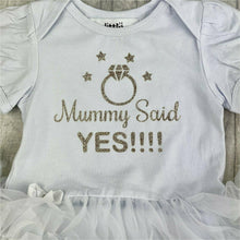 Load image into Gallery viewer, &#39;Mummy Said Yes!&#39; Baby Girl Tutu Romper With Matching Bow Headband, Wedding Engagement Announcement Gift
